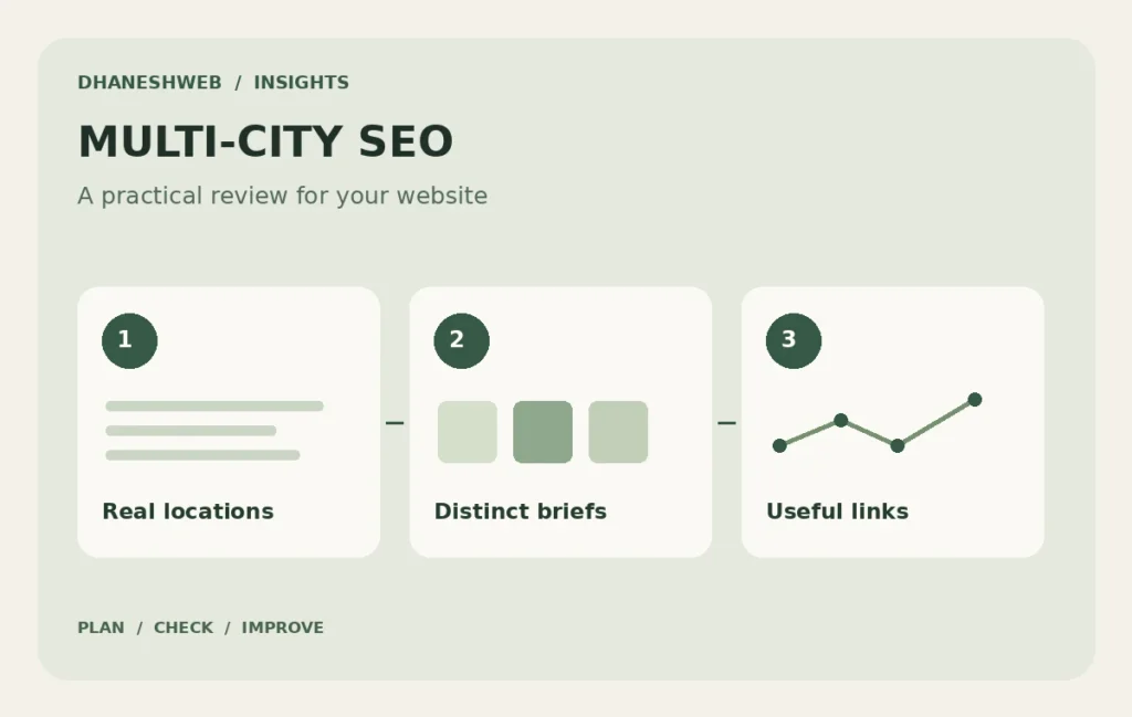 A service-area planning diagram connecting one business with distinct useful local briefs